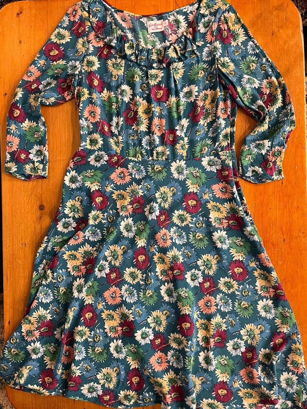 Cath Kidston Original “Tea Dress” Daisy Print Teal Ruffle Neck 3/4 Sleeve Midi